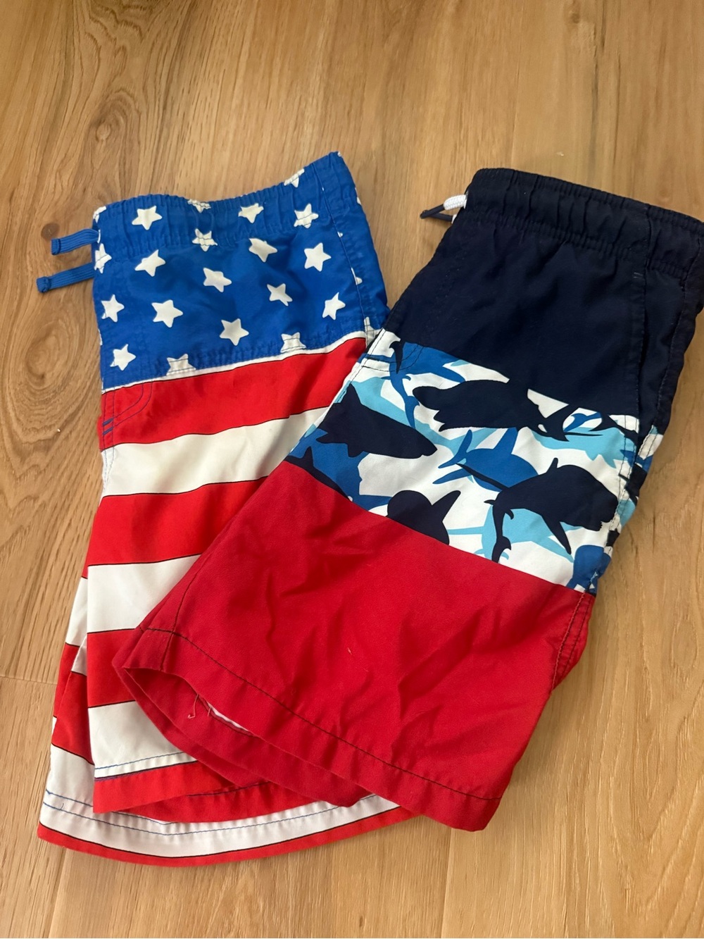 Kids Red, Blue & White Swim Shorts with Shark and Flag Prints Medium